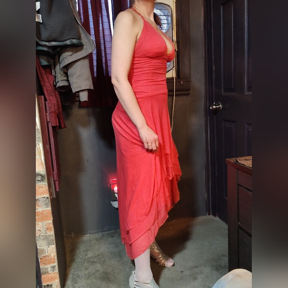 Sparkly salmon colored chiffon formal dress